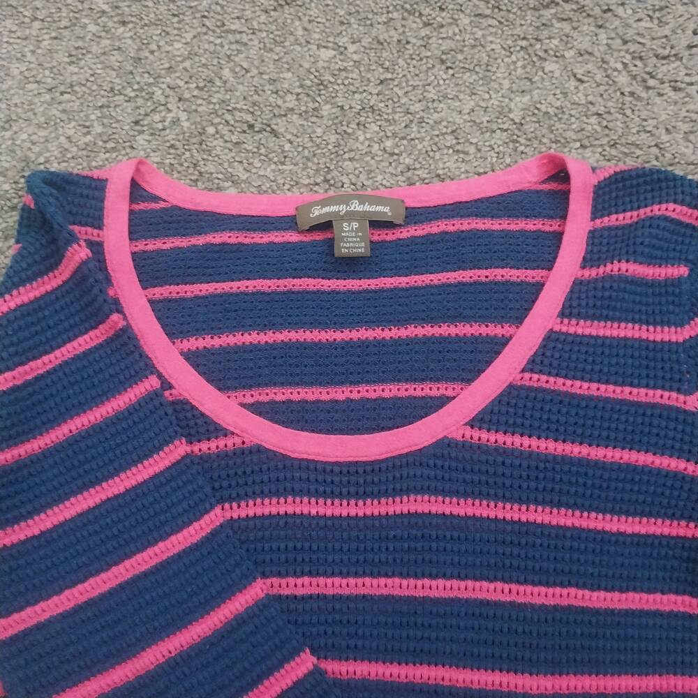 Tommy Bahama Sweater Womens Size Small Petite Pink Gray Long-Sleeve Striped Knit